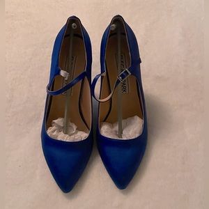 Royal blue satin finish show with chunky heel